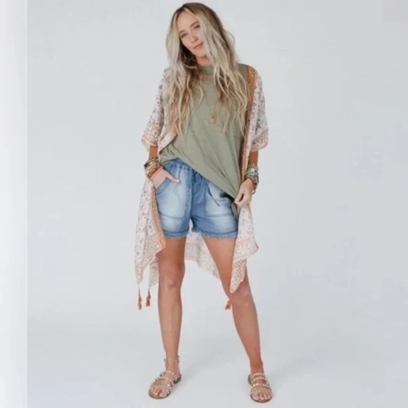 Camel Ditsy Floral Paisley Kimono Open Wrap Coverup Top One Size - Picture 3 of 5